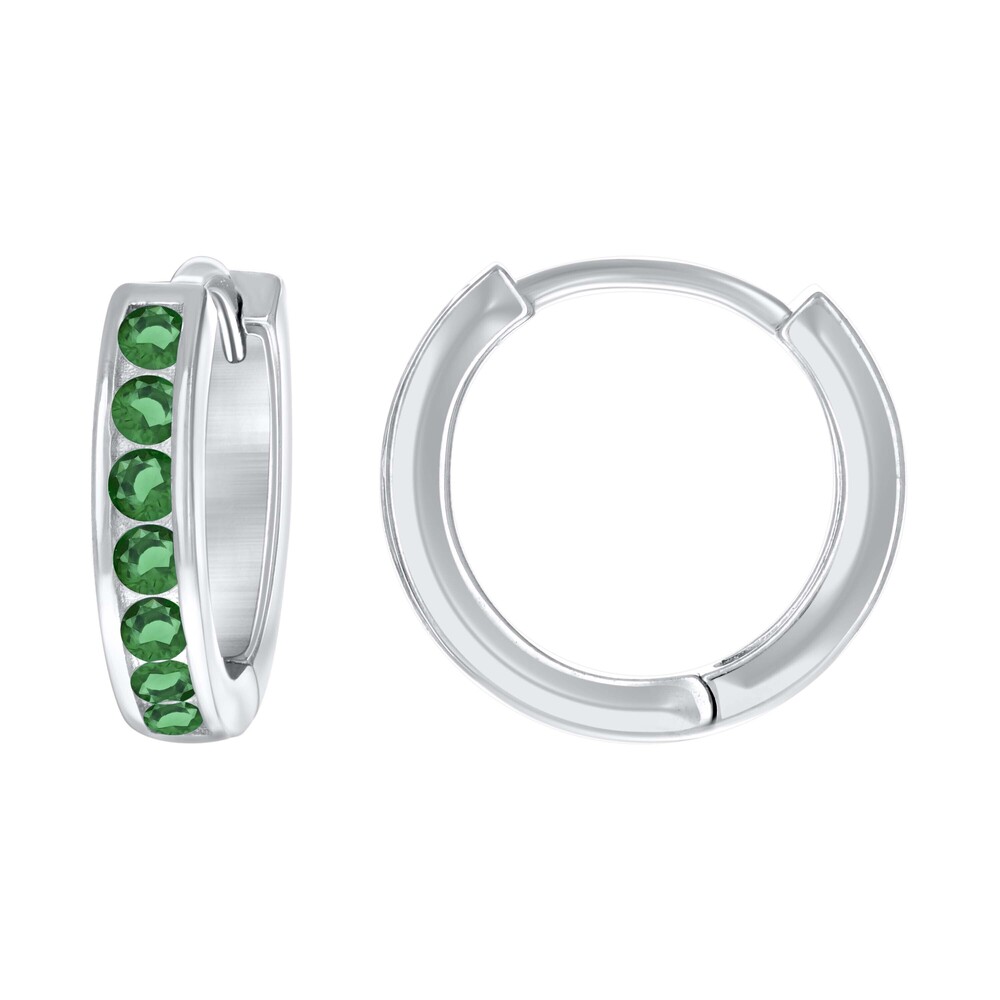 925 Sterling Silver Womens Green Cubic Zirconia Single Row Huggie Hoop Earrings